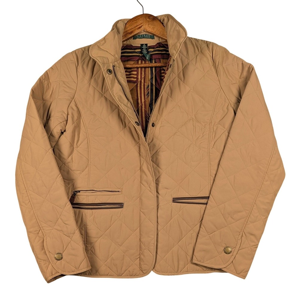 Lauren Ralph Lauren Jacket Womens Medium Beige Quilted Zip Front Lined Pockets